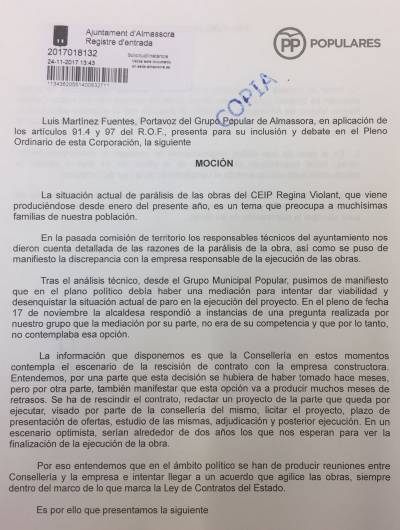 El PP solicita a PSPV y Compromís ratificar la moción de Casanova (PP) aprobada en Corts para