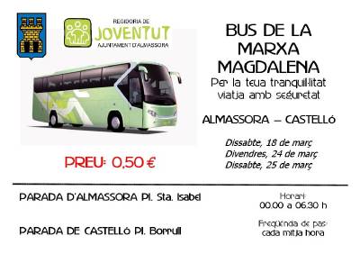 El 'bus de la marxa' connectarà Almassora i Castelló cada mitja hora durant els caps de setmana de Magdalena
