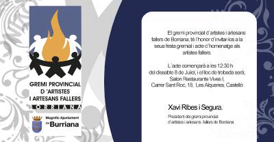 El pròxim dia 8 de juliol, el gremi provincial d'artistes i artesans fallers de Borriana, celebrarà la seua festa gremial
