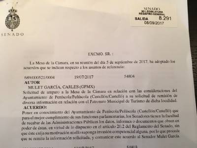 Peníscola torna a no complir amb la entrega de Documentació al Senat a pesar de les advertència de la Mesa