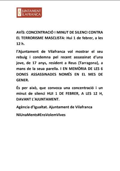 Concentració i minut de silenci contra la violència masclista, avui a Vilafranca