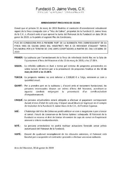 L'arrendament de la finca Mas de Celma d'Ares a subhasta