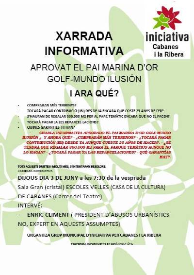 Enric Climent dissertar� dem� en Cabanes sobre els efectes del PAI Mundo Ilusi�n (Marina d�Or Golf) despr�s la seua �aprovaci�
