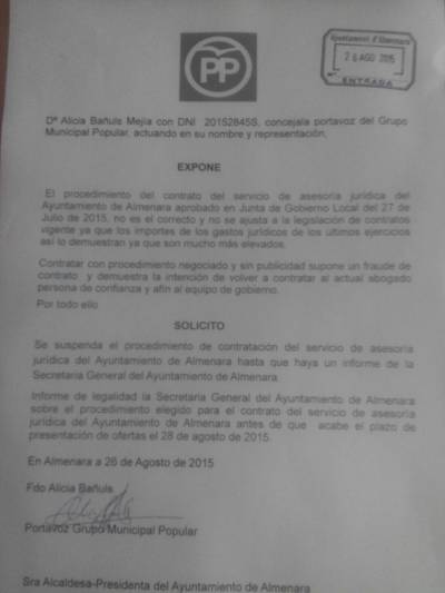 El PP de Almenara exige paralizar el contrato de asesora jurdica municipal hasta que no conste un informe favorable de la Secretaria General