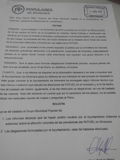 El PP demana a l'Ajuntament d'Almenara un informe tcnic que 'valore l'afecci del Pativel en el sector litoral'