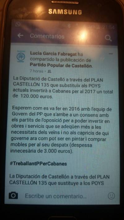 Mart: 'Els capricis del PP li han costat a Cabanes gaireb 200.000 euros en projectes que mai s'han arribat a executar'