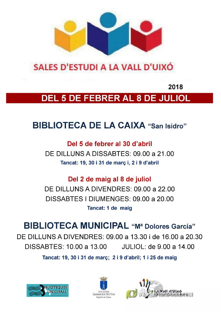 Noticias de La Vall d'Uixó: El Ayuntamiento de la Vall d'Uixó amplía el  horario especial de estudio de la biblioteca de la Caja Rural San Isidro