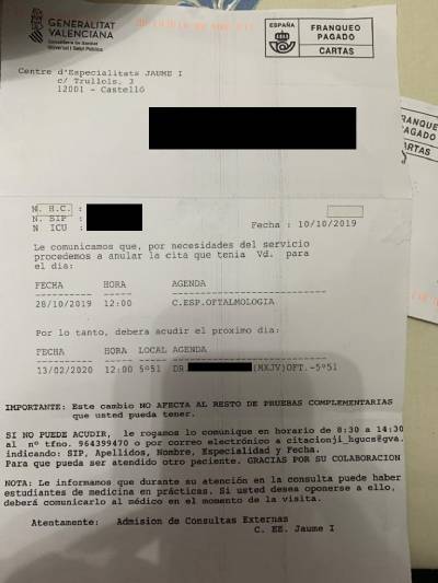 Sanitat retrasa quatre mesos consultes d'oftalmologia a veïns d'Almassora