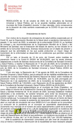 Onda aplica las 22 medidas restrictivas que acuerda Salud Pblica para la ciudad durante 14 das