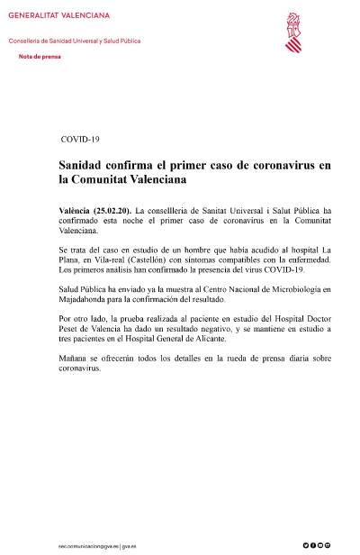 El Hospital La Plana confirma el primer caso de Coronavirus en la Comuntiat Valenciana