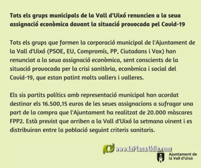 Tots els grups municipals de la Vall d'Uixó renuncien a la seua assignació econòmica davant la situació provocada pel Covid-19