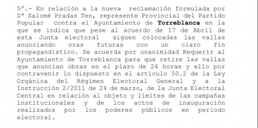 PP: 'La alcaldesa de Torreblanca paga 4.500 euros por vallas publicitarias prohibidas por la Junta Electoral'
