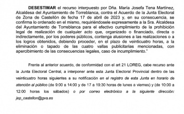La Junta Electoral Provincial frena el recurso de la alcaldesa de Torreblanca y exige retirar su propaganda de apoyo público