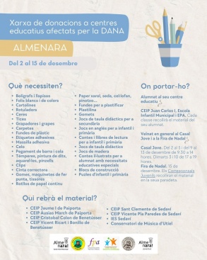 Ajuntament d'Almenara recollirà material escolar per a centres educatius afectats per la Dana