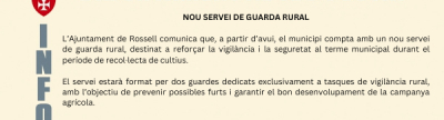 Nuevo servicio de guarda rural en Rossell para reforzar la seguridad durante la recogida de cultivos