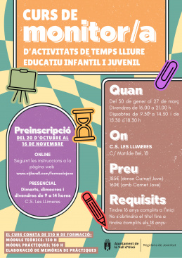 Abierto plazo de inscripcin al curso de monitor/a de tiempo libre en la Vall d'Uixo