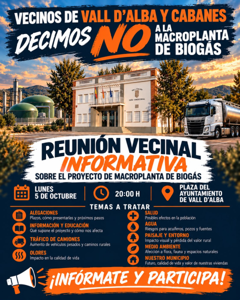 Protesta veïnal contra macroplanta de biogàs a Vall d'Alba i Cabanes