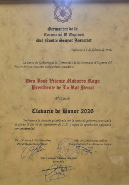 Josep Vicent Navarro Raga, premiado con el t�tulo de Clavari de Honor 2026 por la Hermandad de la Coronaci�n de Espinas