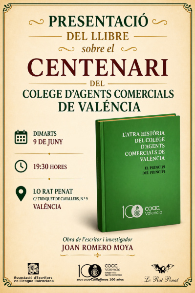 Lo Rat Penat acoge la presentación de un libro con motivo del centenario del Colegio Oficial de Agentes Comerciales de Valencia