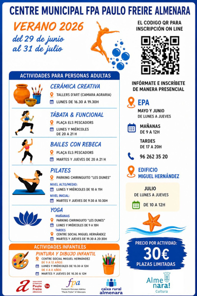 El Centre FPA Paulo Freire d'Almenara obre inscripcions per a la programació d'estiu 2026