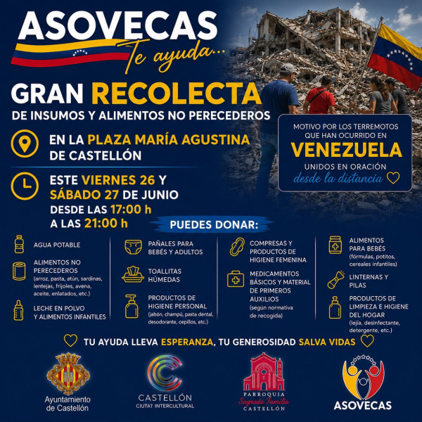 Castellón organiza una recolecta solidaria para los afectados por los terremotos en Venezuela