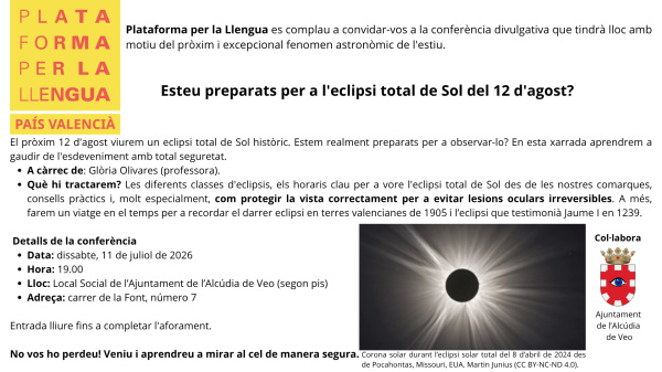 L'Alcúdia de Veo es prepara per l'històric eclipsi solar total del pròxim 12 d'agost