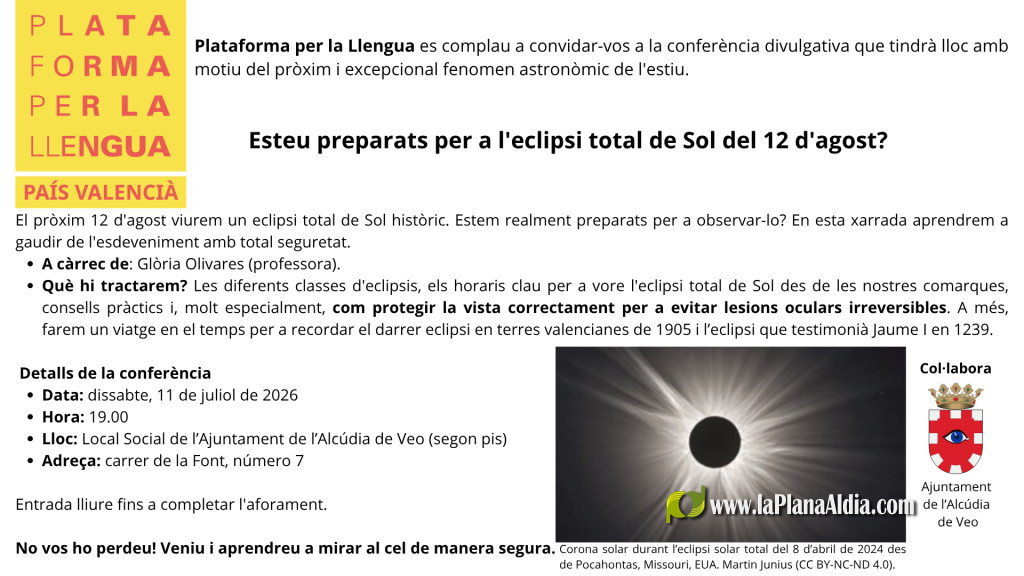 L'Alcúdia de Veo se prepara para el histórico eclipse total de Sol del próximo 12 de agosto