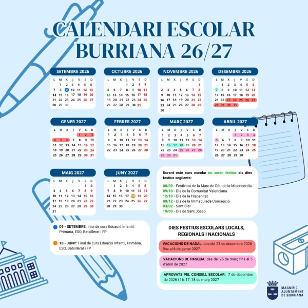 Burriana aprueba los días no lectivos para el curso 2026-2027